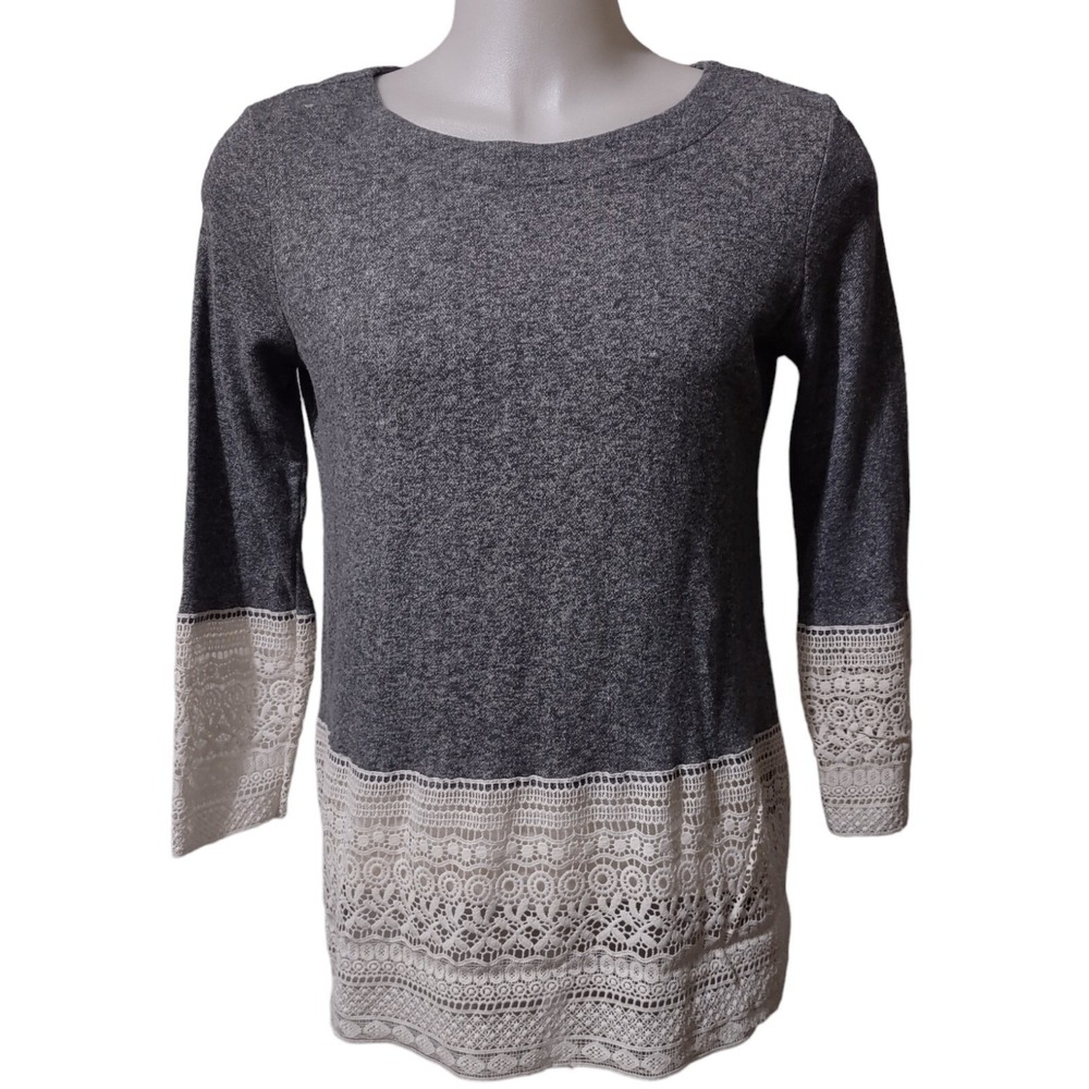 Hannah Shirt Sweater Women's Size XLarge XL Gray Long Sleeve With White Lace